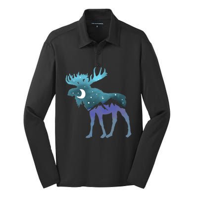 Artistic Moose Night Sky Moon And Stars Retro Graphic Cute Gift Silk Touch Performance Long Sleeve Polo