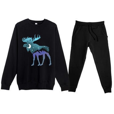 Artistic Moose Night Sky Moon And Stars Retro Graphic Cute Gift Premium Crewneck Sweatsuit Set