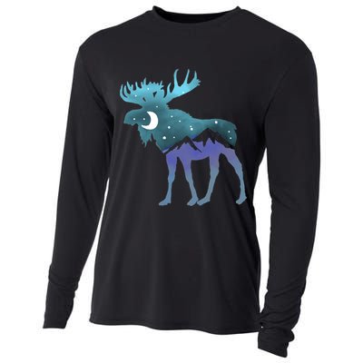 Artistic Moose Night Sky Moon And Stars Retro Graphic Cute Gift Cooling Performance Long Sleeve Crew