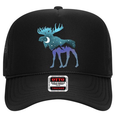Artistic Moose Night Sky Moon And Stars Retro Graphic Cute Gift Trucker Hat