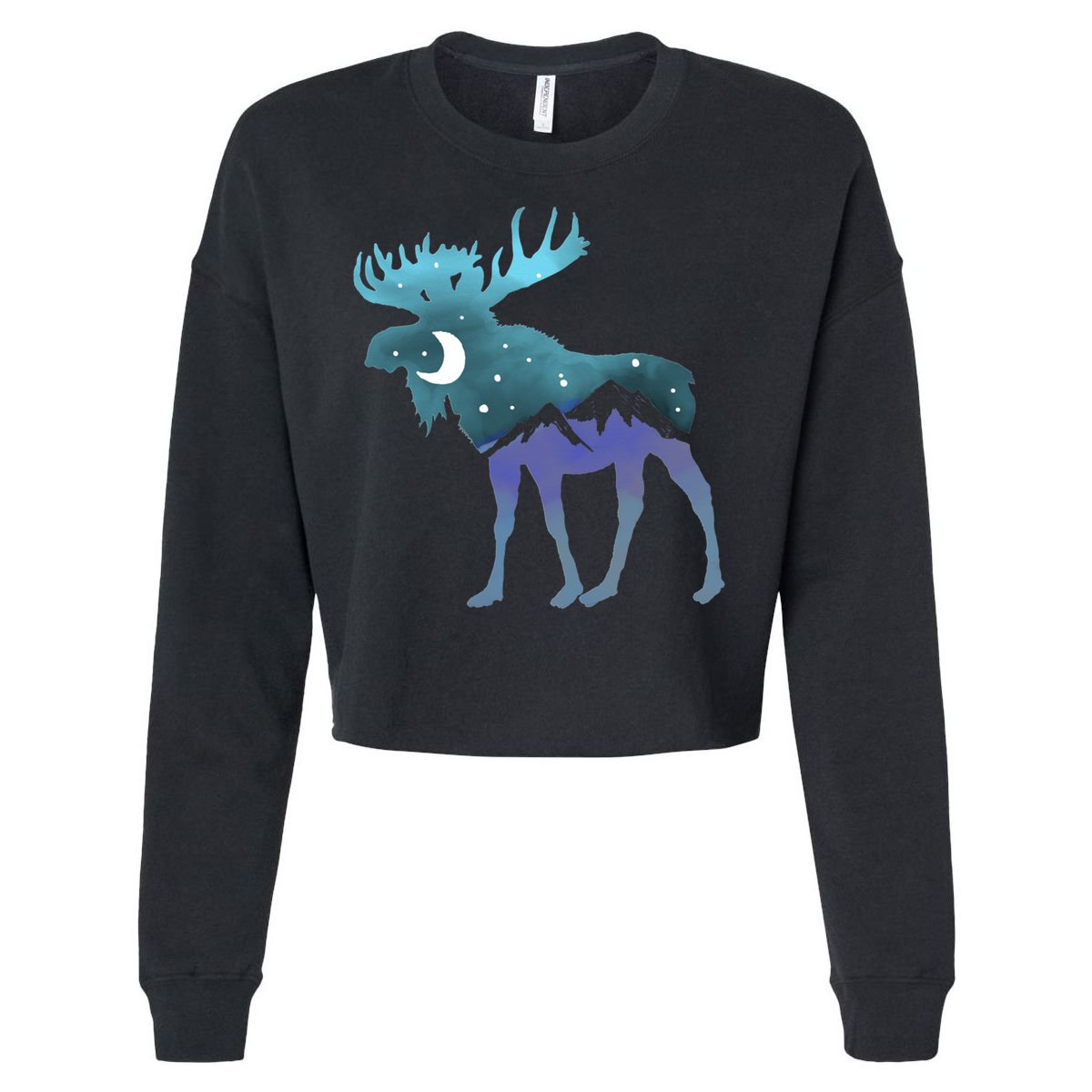 Artistic Moose Night Sky Moon And Stars Retro Graphic Cute Gift Cropped Pullover Crew