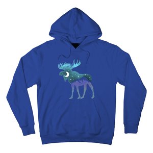 Artistic Moose Night Sky Moon And Stars Retro Graphic Cute Gift Hoodie