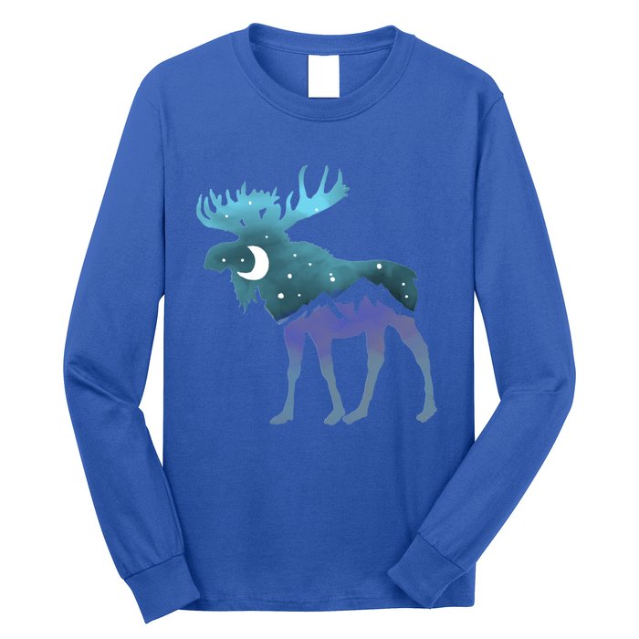 Artistic Moose Night Sky Moon And Stars Retro Graphic Cute Gift Long Sleeve Shirt