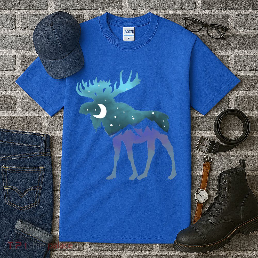Artistic Moose Night Sky Moon And Stars Retro Graphic Cute Gift Tall T-Shirt