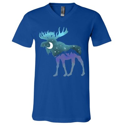 Artistic Moose Night Sky Moon And Stars Retro Graphic Cute Gift V-Neck T-Shirt