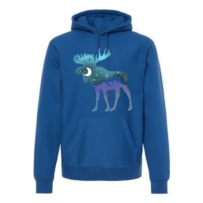 Artistic Moose Night Sky Moon And Stars Retro Graphic Cute Gift Premium Hoodie