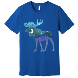 Artistic Moose Night Sky Moon And Stars Retro Graphic Cute Gift Premium T-Shirt