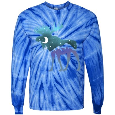 Artistic Moose Night Sky Moon And Stars Retro Graphic Cute Gift Tie-Dye Long Sleeve Shirt