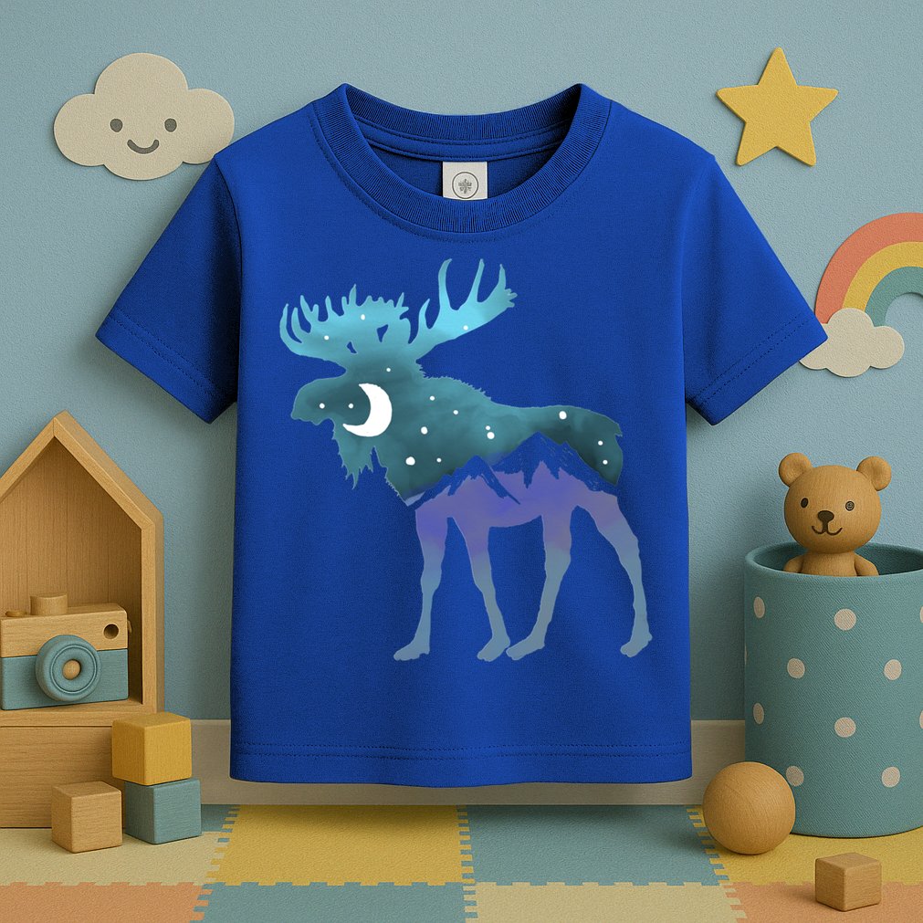 Artistic Moose Night Sky Moon And Stars Retro Graphic Cute Gift Toddler T-Shirt