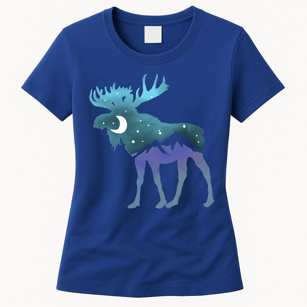 Artistic Moose Night Sky Moon And Stars Retro Graphic Cute Gift Womens T-Shirt