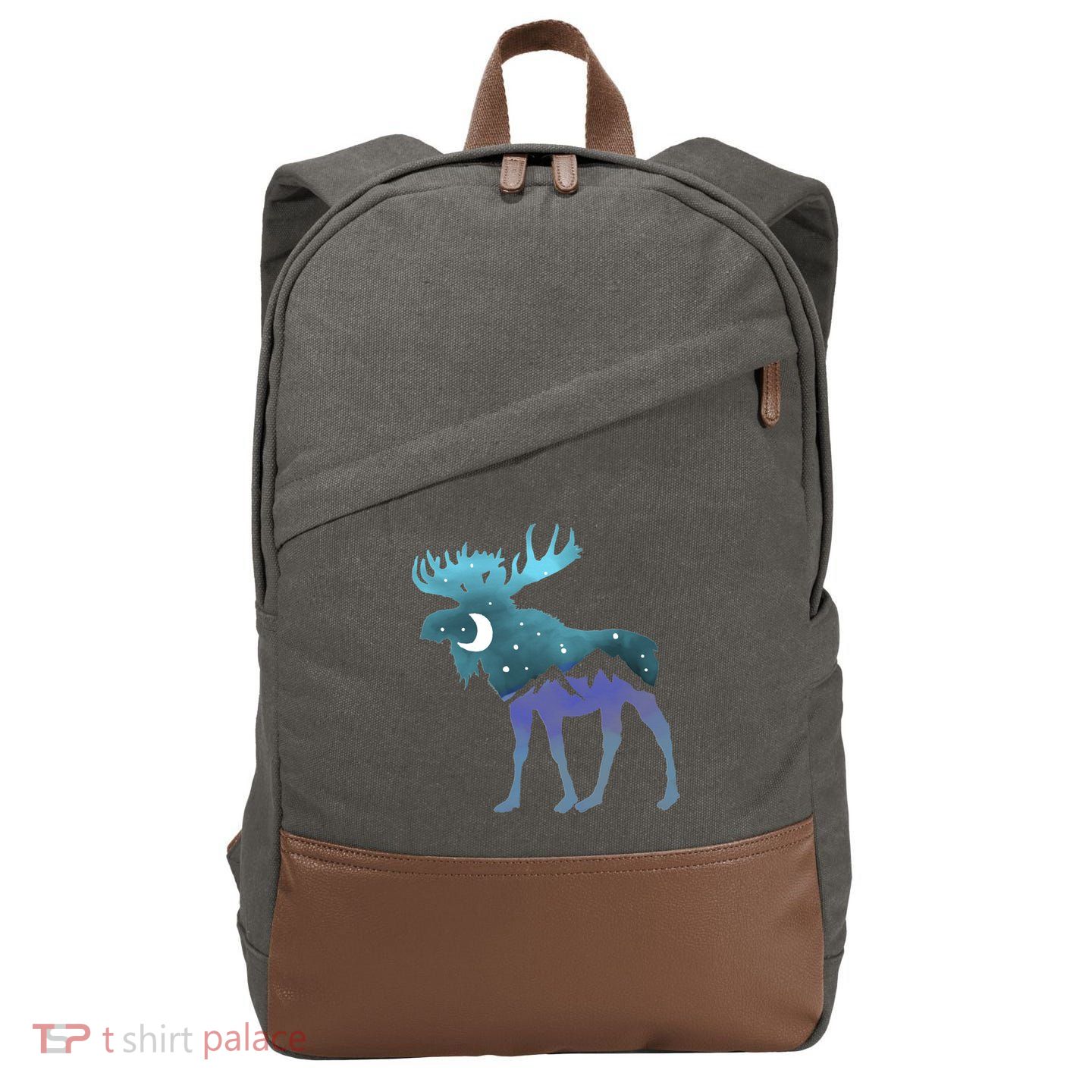 Artistic Moose Night Sky Moon And Stars Retro Graphic Cute Gift Cotton Canvas Backpack