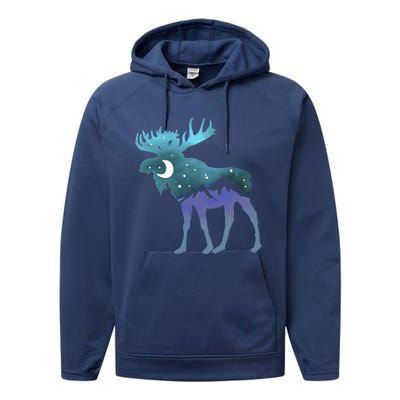 Artistic Moose Night Sky Moon And Stars Retro Graphic Cute Gift Performance Fleece Hoodie