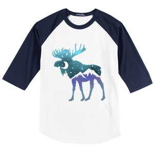 Artistic Moose Night Sky Moon And Stars Retro Graphic Cute Gift Baseball Sleeve Shirt