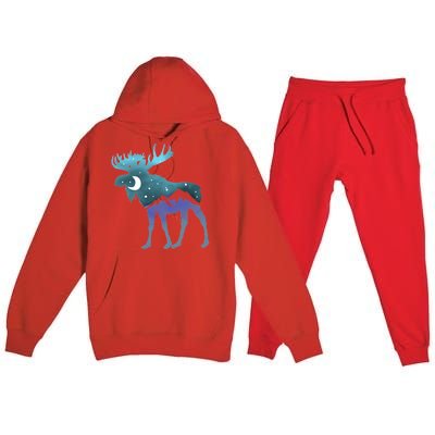 Artistic Moose Night Sky Moon And Stars Retro Graphic Cute Gift Premium Hooded Sweatsuit Set