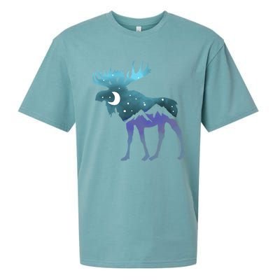 Artistic Moose Night Sky Moon And Stars Retro Graphic Cute Gift Sueded Cloud Jersey T-Shirt