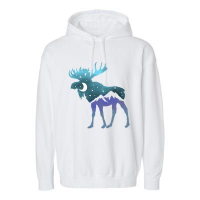 Artistic Moose Night Sky Moon And Stars Retro Graphic Cute Gift Garment-Dyed Fleece Hoodie