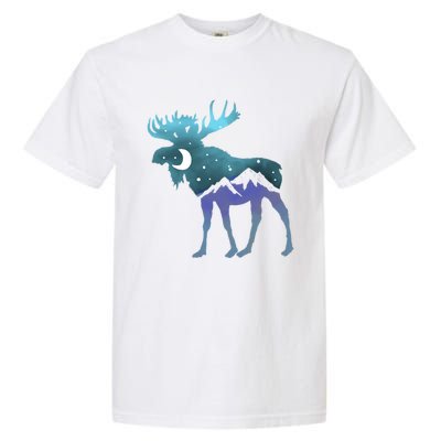 Artistic Moose Night Sky Moon And Stars Retro Graphic Cute Gift Garment-Dyed Heavyweight T-Shirt