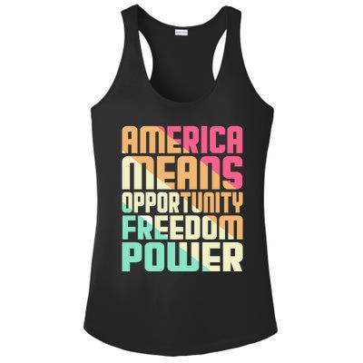 America Means Opportunity Freedom Power Ladies PosiCharge Competitor Racerback Tank