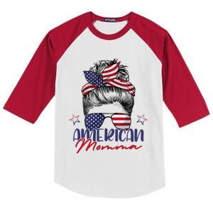 American Momma Patriotic Mom Messy Bun July 4th Independence Kids Colorblock Raglan Jersey