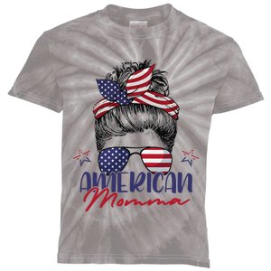 American Momma Patriotic Mom Messy Bun July 4th Independence Kids Tie-Dye T-Shirt