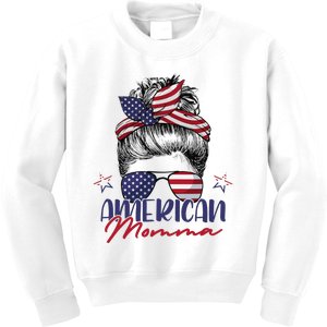 American Momma Patriotic Mom Messy Bun July 4th Independence Kids Sweatshirt