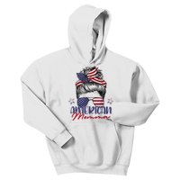 American Momma Patriotic Mom Messy Bun July 4th Independence Kids Hoodie