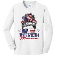 American Momma Patriotic Mom Messy Bun July 4th Independence Kids Long Sleeve Shirt