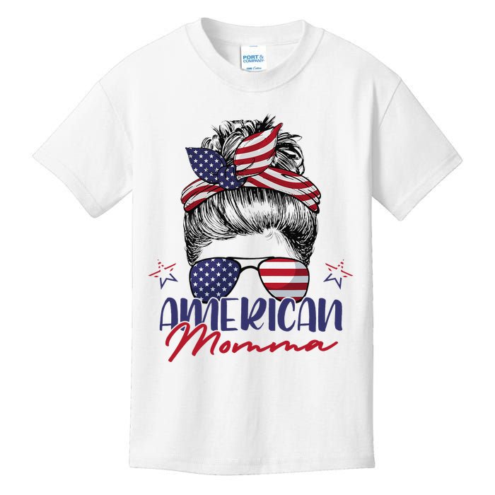 American Momma Patriotic Mom Messy Bun July 4th Independence Kids T-Shirt