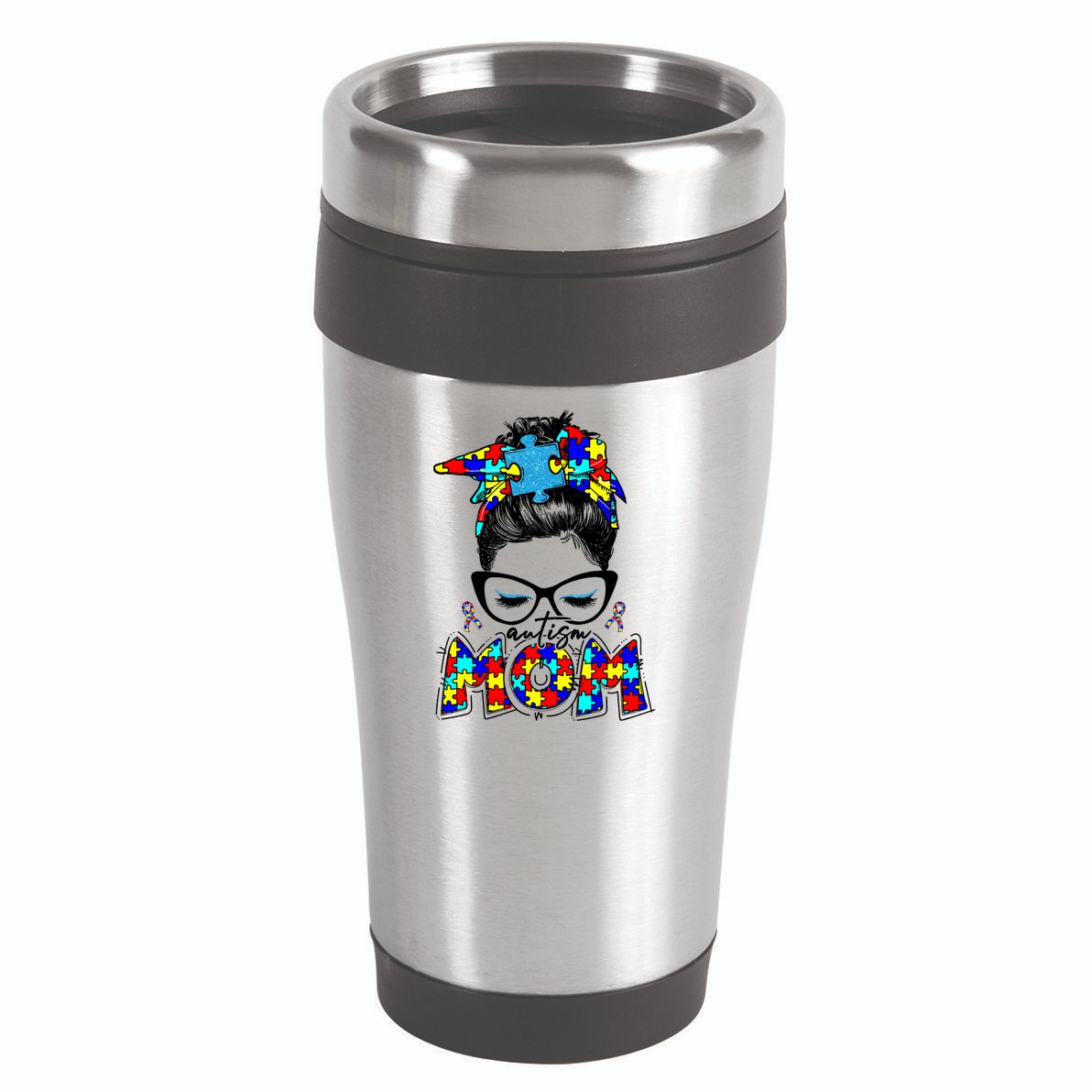 Autism Mom Puzzle Pieces Messy Bun 16oz Travel Tumbler