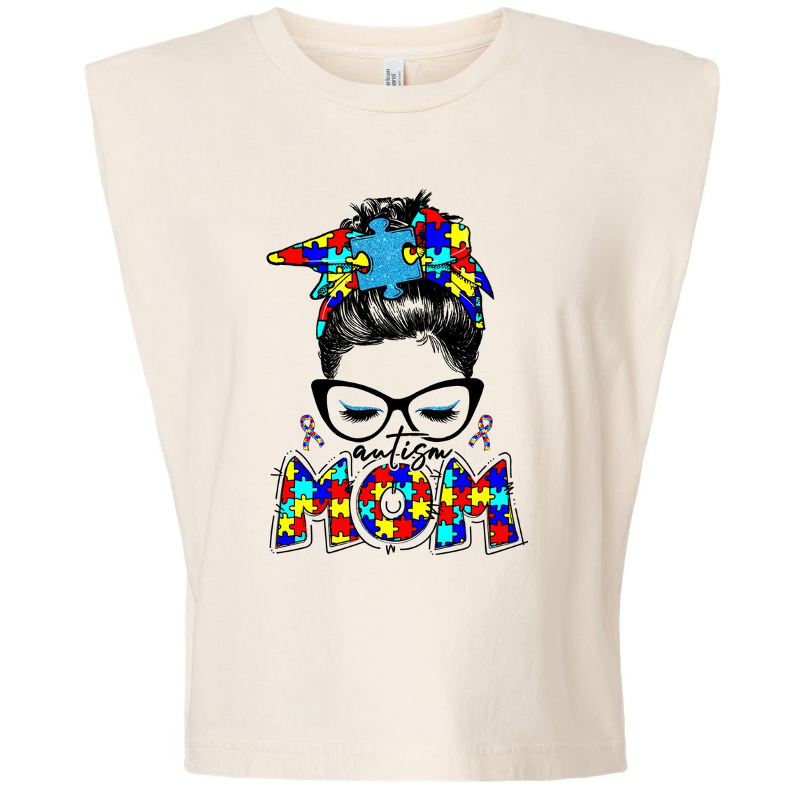 Autism Mom Puzzle Pieces Messy Bun Garment-Dyed Women's Muscle Tee