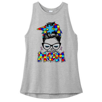 Autism Mom Puzzle Pieces Messy Bun Ladies PosiCharge Tri-Blend Wicking Tank