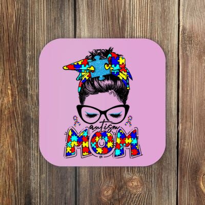 Autism Mom Puzzle Pieces Messy Bun Coaster