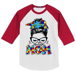 Autism Mom Puzzle Pieces Messy Bun Kids Colorblock Raglan Jersey