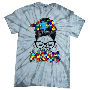 Autism Mom Puzzle Pieces Messy Bun Tie-Dye T-Shirt