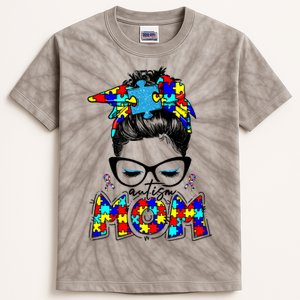 Autism Mom Puzzle Pieces Messy Bun Kids Tie-Dye T-Shirt