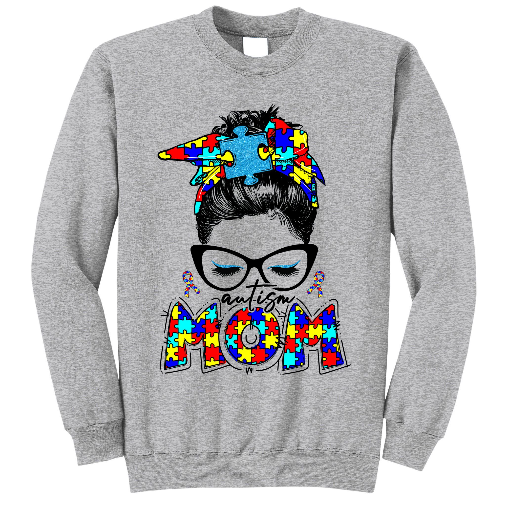 Autism Mom Puzzle Pieces Messy Bun Tall Sweatshirt