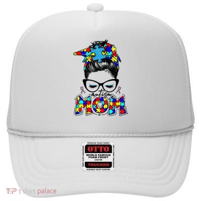 Autism Mom Puzzle Pieces Messy Bun High Crown Mesh Back Trucker Hat