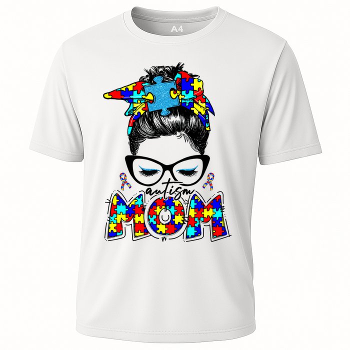 Autism Mom Puzzle Pieces Messy Bun Performance Shirt