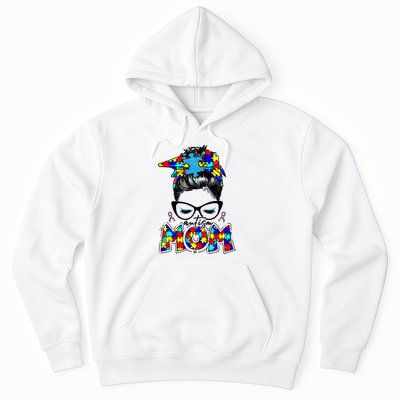 Autism Mom Puzzle Pieces Messy Bun Hoodie