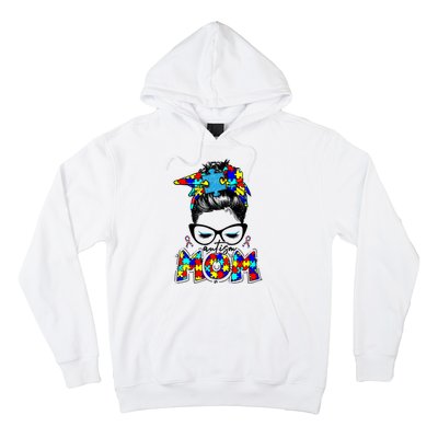 Autism Mom Puzzle Pieces Messy Bun Hoodie