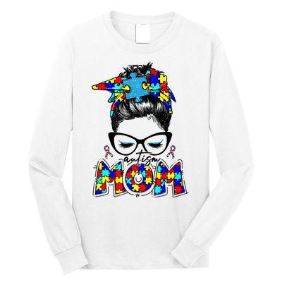 Autism Mom Puzzle Pieces Messy Bun Long Sleeve Shirt