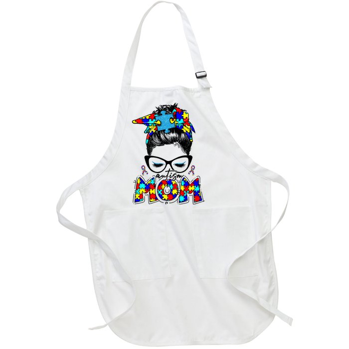 Autism Mom Puzzle Pieces Messy Bun Full-Length Apron With Pockets