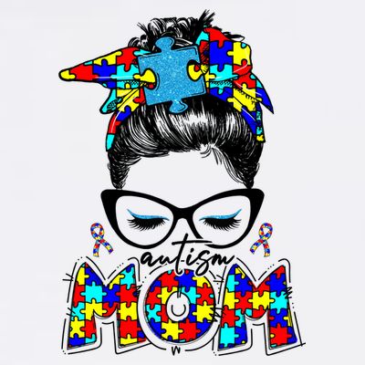 Autism Mom Puzzle Pieces Messy Bun T-Shirt