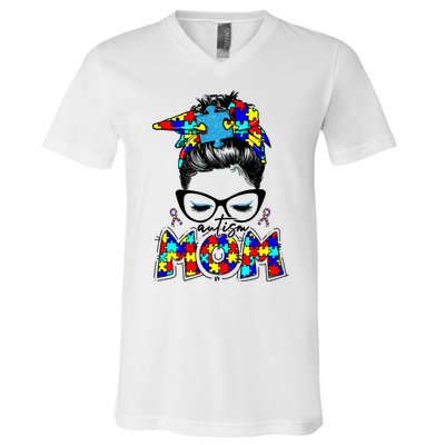 Autism Mom Puzzle Pieces Messy Bun V-Neck T-Shirt