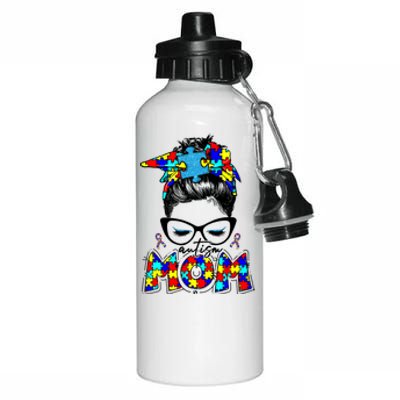 Autism Mom Puzzle Pieces Messy Bun Aluminum Water Bottle