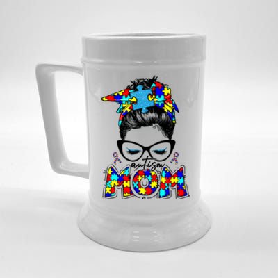 Autism Mom Puzzle Pieces Messy Bun Beer Stein