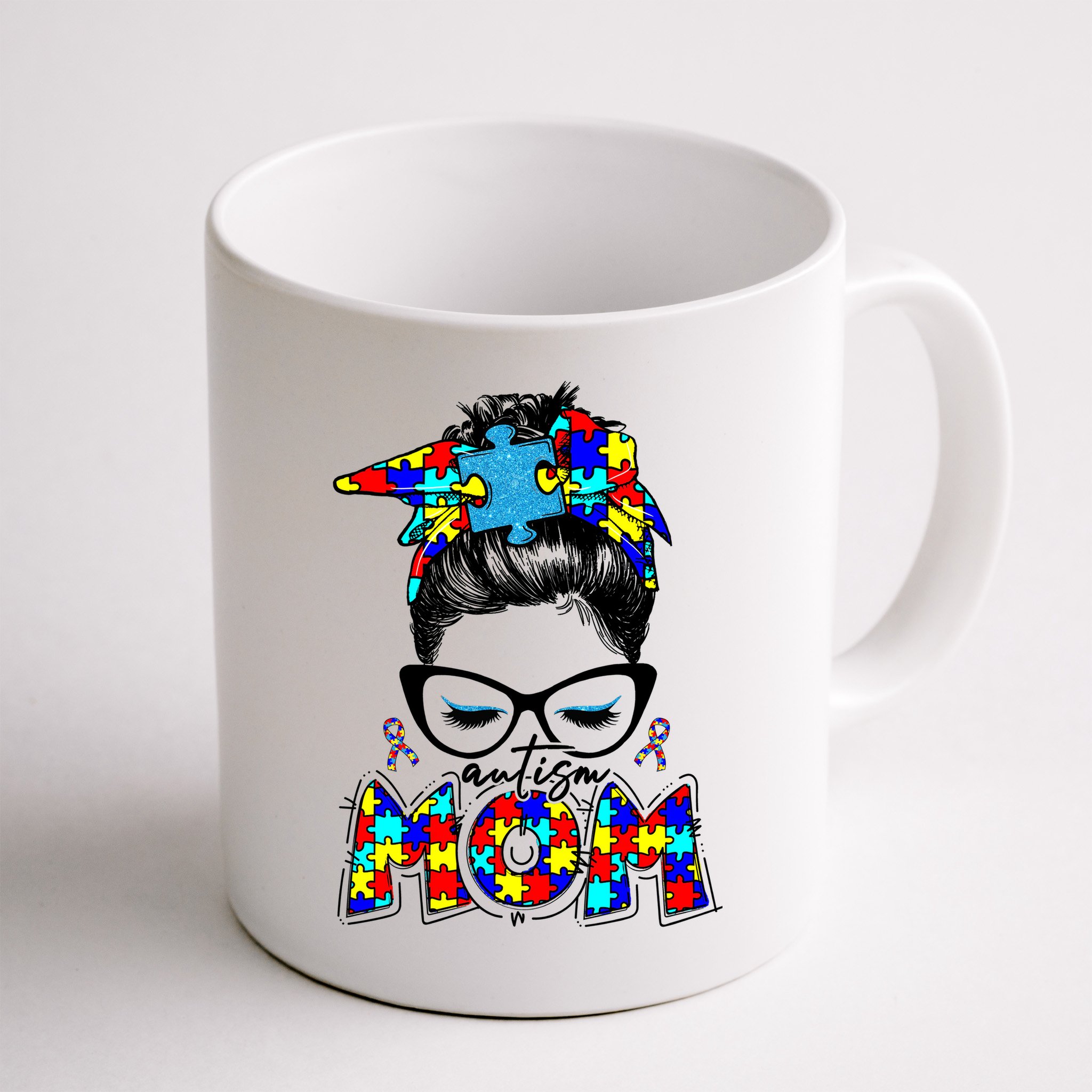 Autism Mom Puzzle Pieces Messy Bun Mug