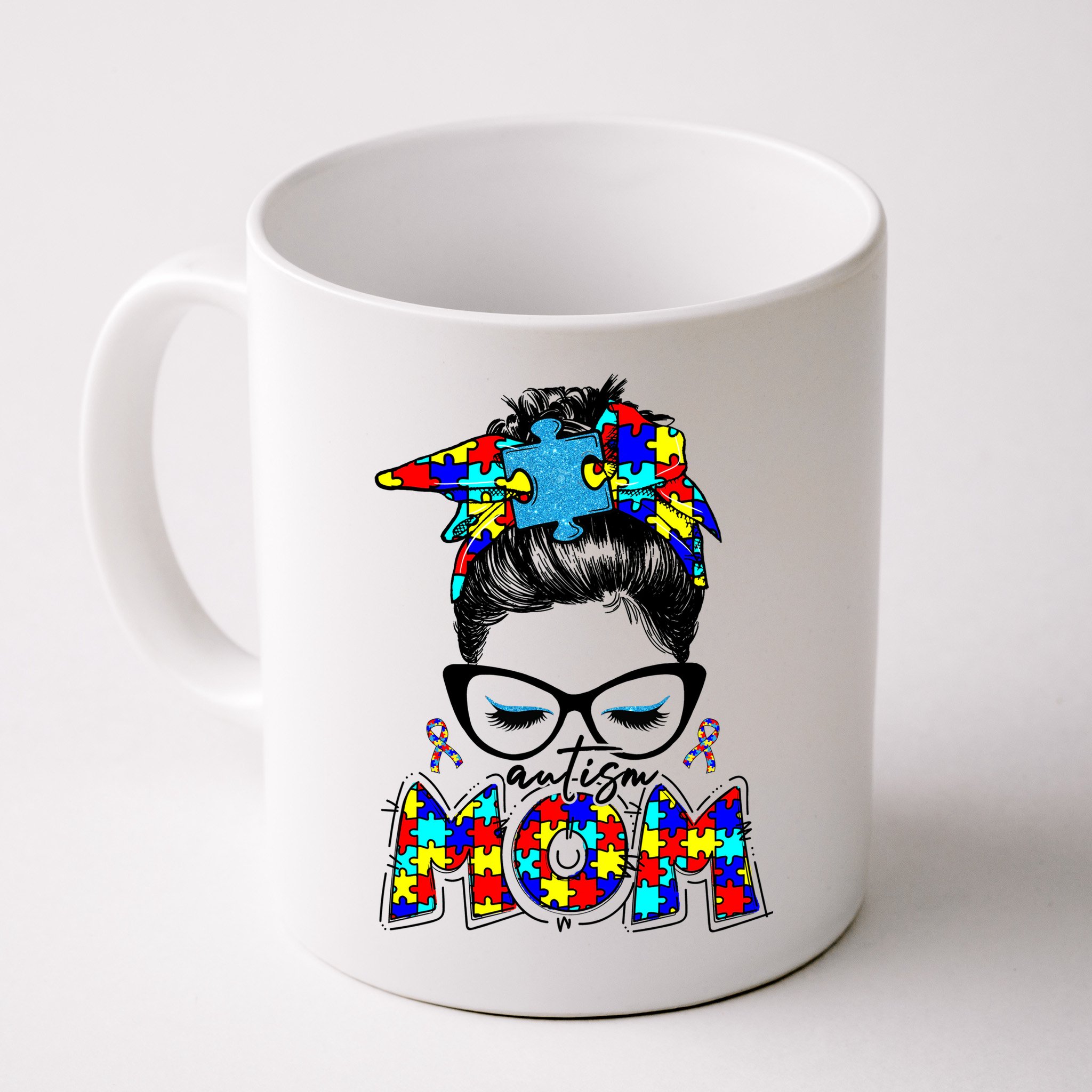 Autism Mom Puzzle Pieces Messy Bun Mug