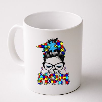 Autism Mom Puzzle Pieces Messy Bun Coffee Mug