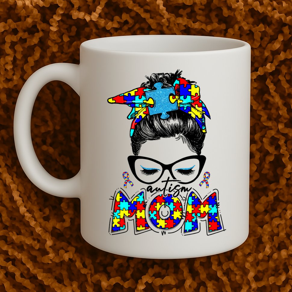 Autism Mom Puzzle Pieces Messy Bun Mug